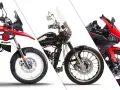 Trzy motocykle: czerwony turystyczny Malaguti, czarny chopper i sportowy czerwono-czarny Barton. Idealne na kategorię B prawa jazdy.