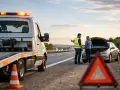 Awaria samochodu za granicą? Krótkoterminowe assistance pomoże Ci wrócić na drogę. Na poboczu stoi laweta, a kierowca rozmawia z kobietą przy otwartej masce auta.