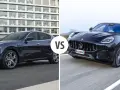 Dwa luksusowe Maserati SUV: jeden elegancki, stojący przed budynkiem, drugi dynamicznie pędzący po górskiej drodze.