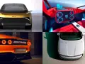 Kolaż czterech samochodów: złoty concept car z przodu, futurystyczne czerwone wnętrze, pomarańczowy tył sportowego auta, biały Skoda z góry.
