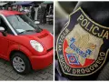 Czerwony pojazd, który może być prowadzony bez prawa jazdy, obok naszywki policji.