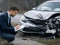 Ubezpieczyciel spisuje raport przy samochodzie po wypadku. Wygląda na to, że to **szkoda całkowita**.
