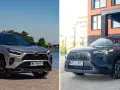 Dwa modele Toyota SUV: srebrny RAV4 GR Sport nad jeziorem i granatowy Corolla Cross przed nowoczesnym budynkiem.
