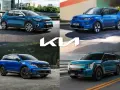 Cztery różne modele suv kia w odcieniach niebieskiego i turkusowego, prezentowane w różnych sceneriach.