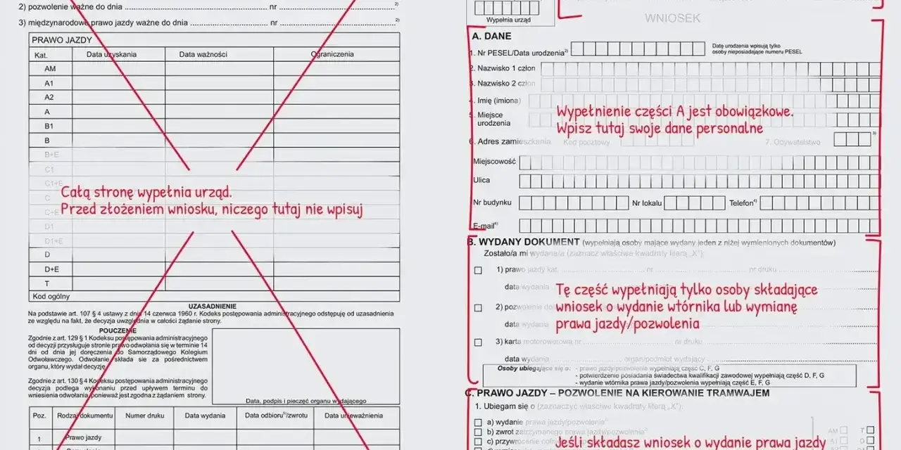 Formularz wniosku o wydanie prawa jazdy, z zaznaczonymi polami dotyczącymi zgubionego prawa jazdy.