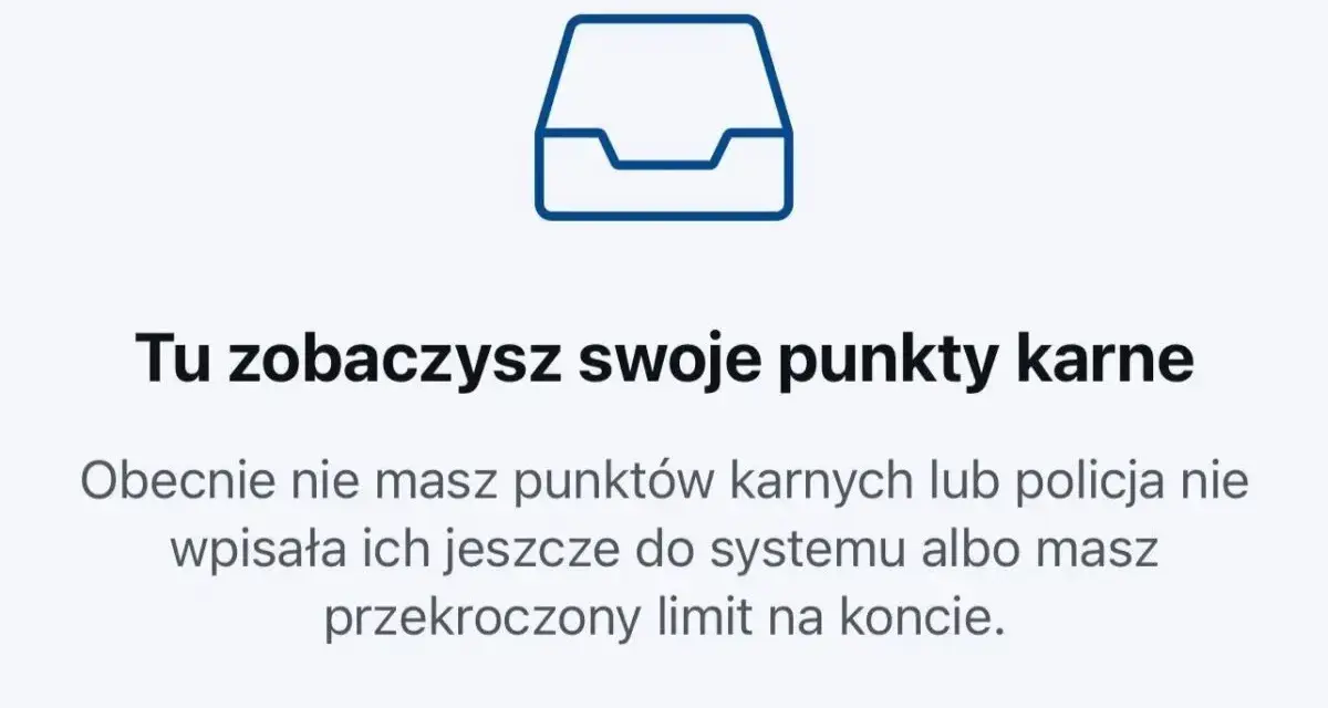 Tu zobaczysz swoje punkty karne. Obecnie nie masz punktów karnych lub policja nie wpisała ich jeszcze do systemu albo masz przekroczony limit na koncie.