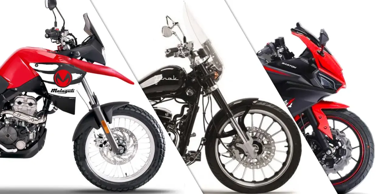 Trzy motocykle: czerwony turystyczny Malaguti, czarny chopper i sportowy czerwono-czarny Barton. Idealne na kategorię B prawa jazdy.