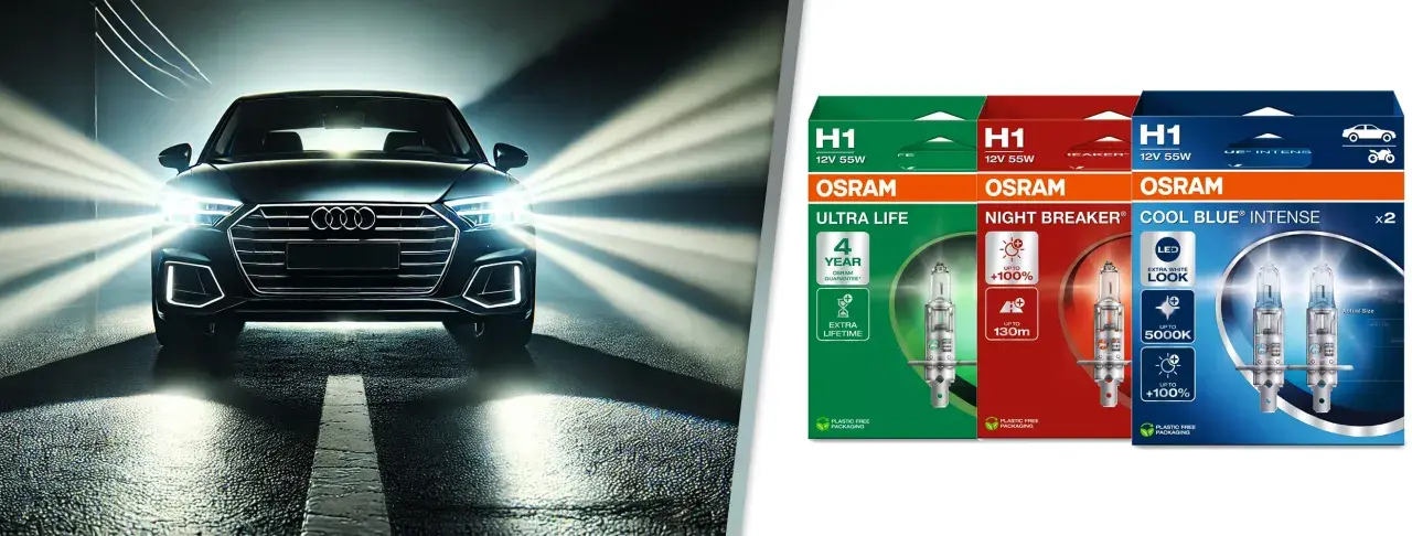Ciemny samochód z włączonymi światłami drogowymi na drodze. Obok opakowania żarówek OSRAM H1: Ultra Life, Night Breaker, Cool Blue Intense.