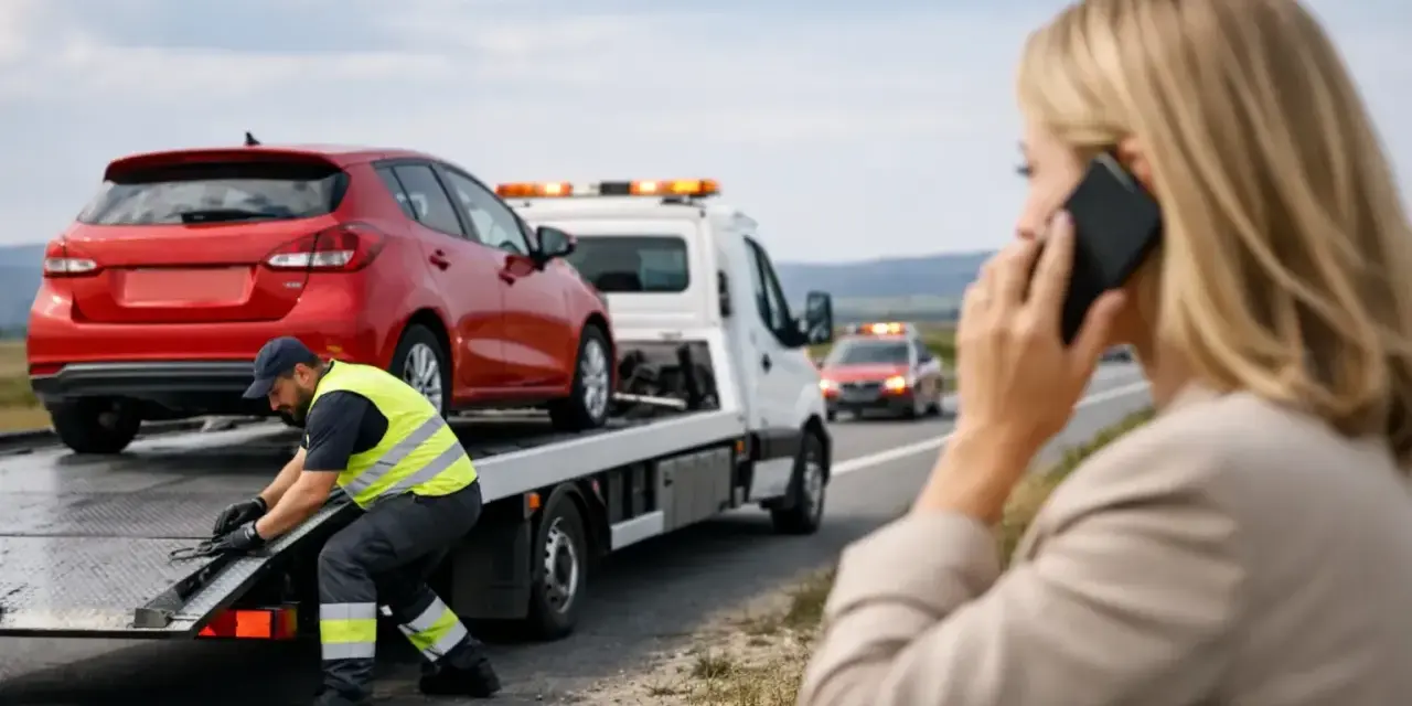 Pomoc drogowa na 1500 km. Kierowca zabezpiecza auto na lawecie, a kobieta wzywa pomoc przez telefon.