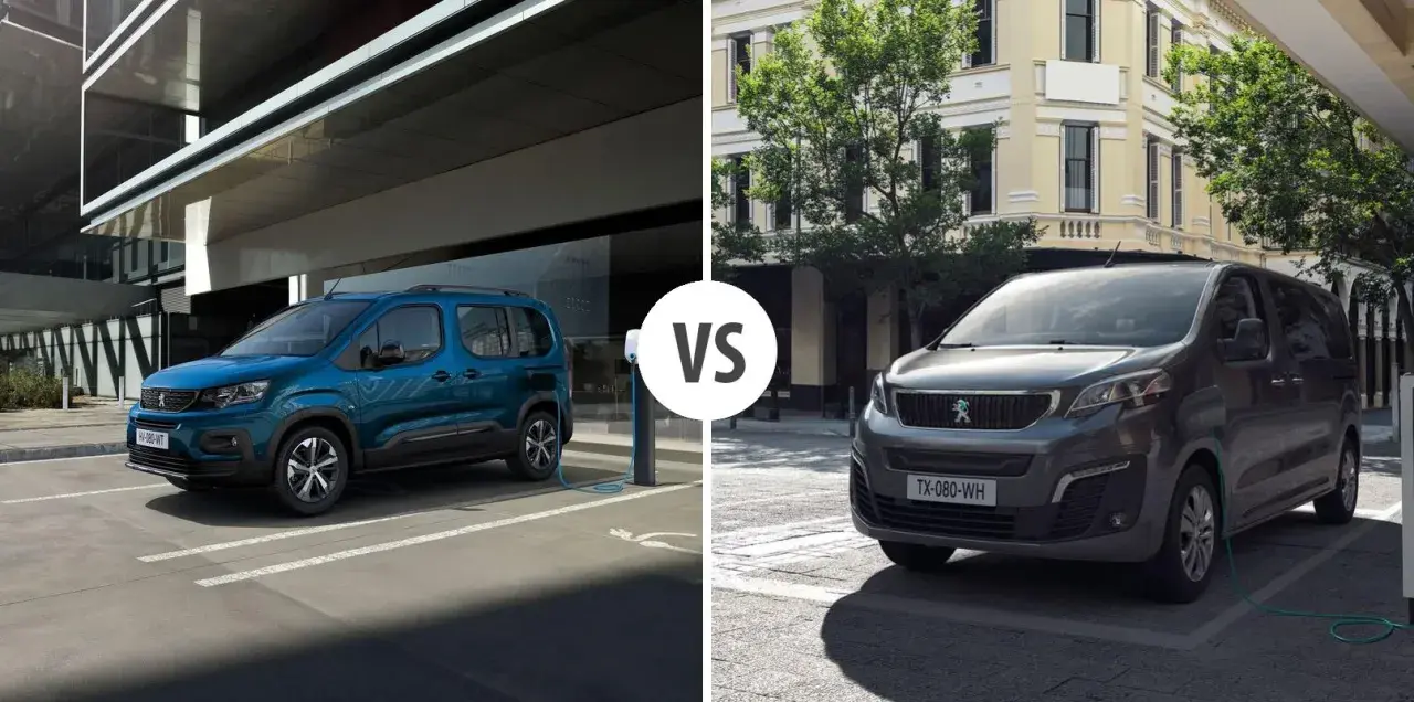 Dwa vany Peugeot: niebieski Rifter i szary Traveller, porównanie modeli.