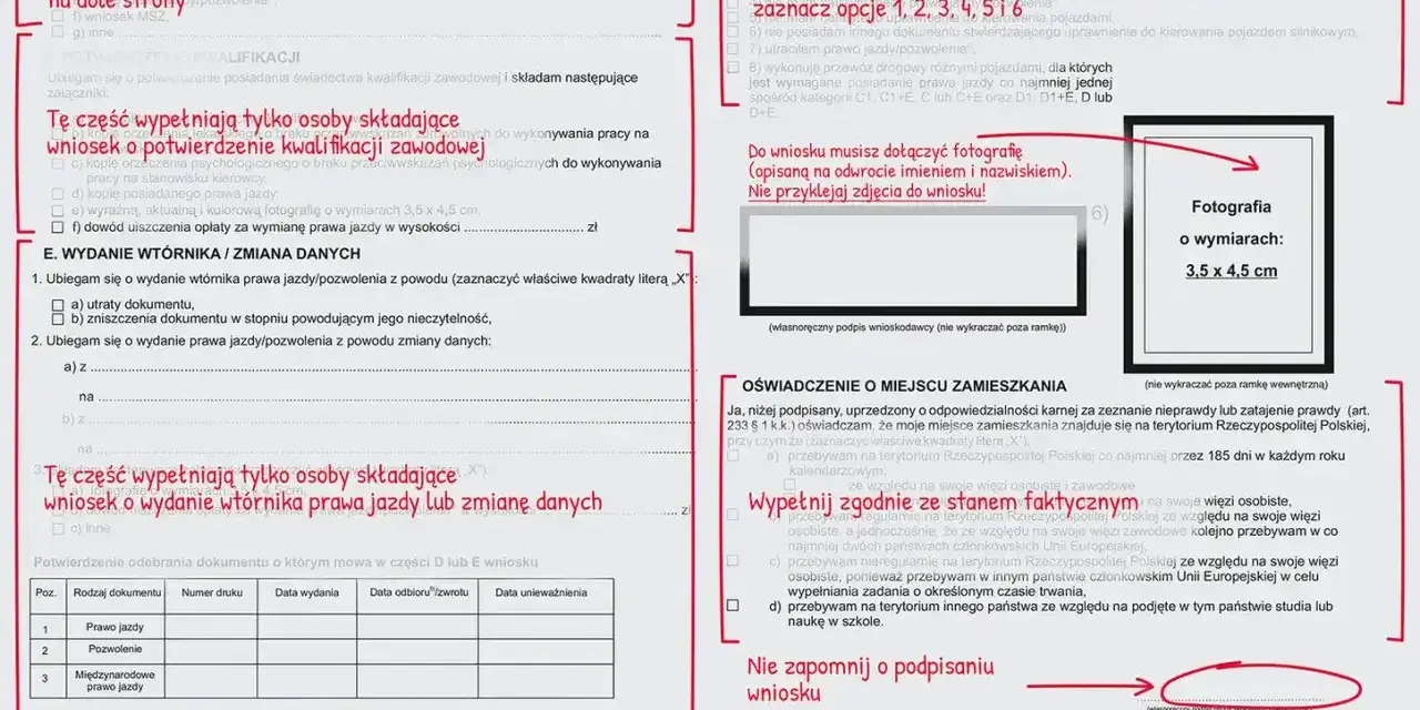 Wniosek o wydanie prawa jazdy, zdjęcie 3,5x4,5 cm, dane osobowe, oświadczenie o miejscu zamieszkania.