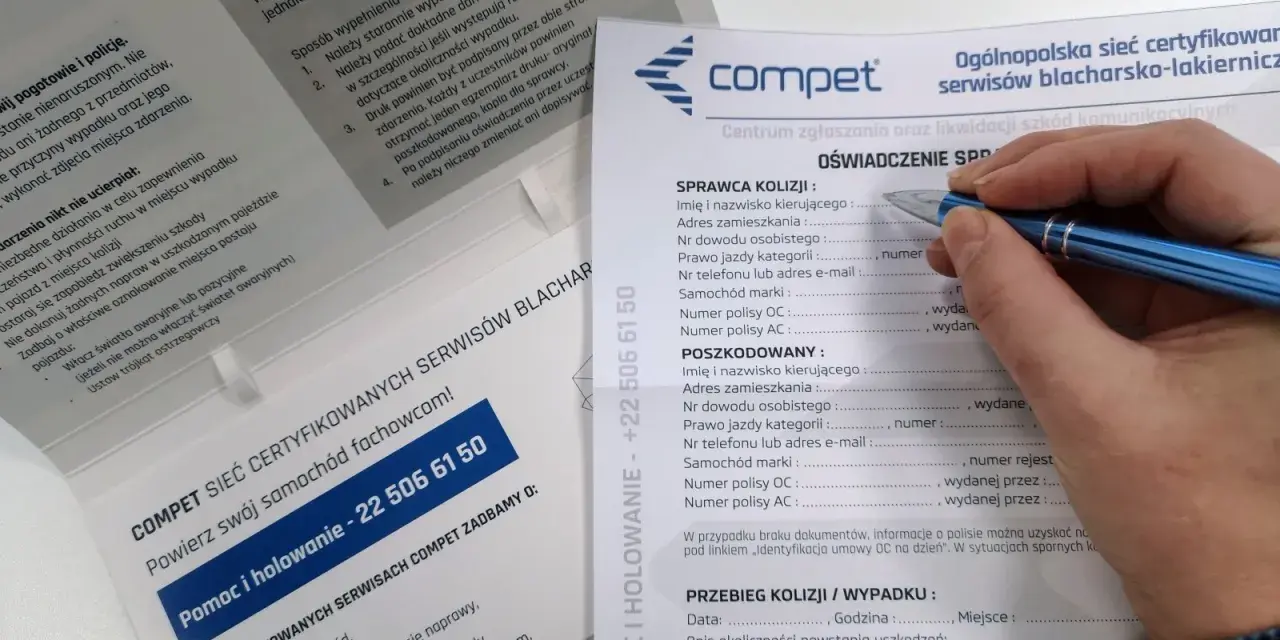 Formularz "Oświadczenie sprawcy kolizji" do zgłoszenia szkody z OC sprawcy. Wypełnia go kierowca odpowiedzialny za wypadek.