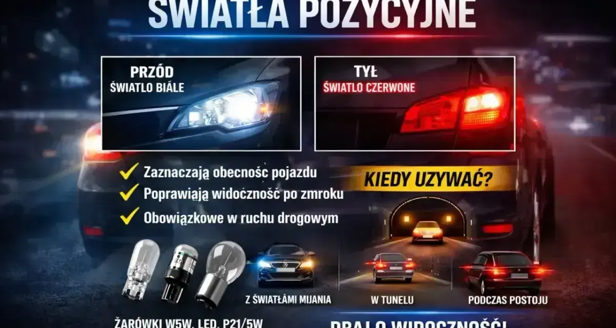 Światła pozycyjne i postojowe: białe z przodu, czerwone z tyłu. Zapewniają widoczność i bezpieczeństwo na drodze.