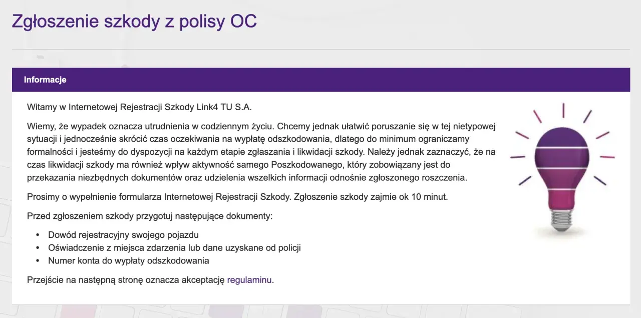Zgłoś szkodę online w Link4. Sprawdź link4 opinie o szybkim procesie likwidacji szkody. Potrzebne dokumenty: dowód rej., oświadczenie, numer konta.