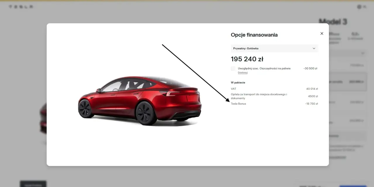 Czerwony Tesla Model 3, cena 195 240 zł. Opcje finansowania uwzględniają VAT, transport i Tesla Bonus.