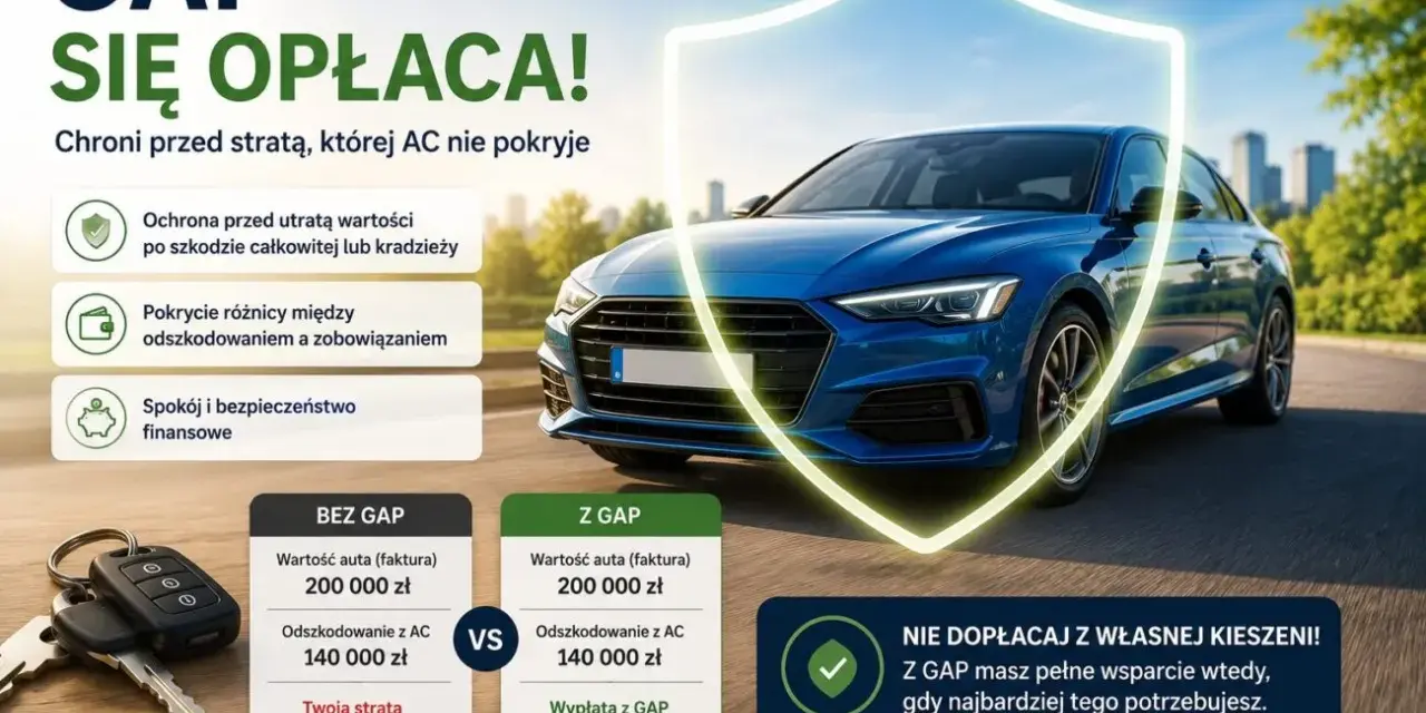 Ubezpieczenie GAP chroni przed utratą wartości auta po szkodzie całkowitej lub kradzieży, zapewniając spokój finansowy.
