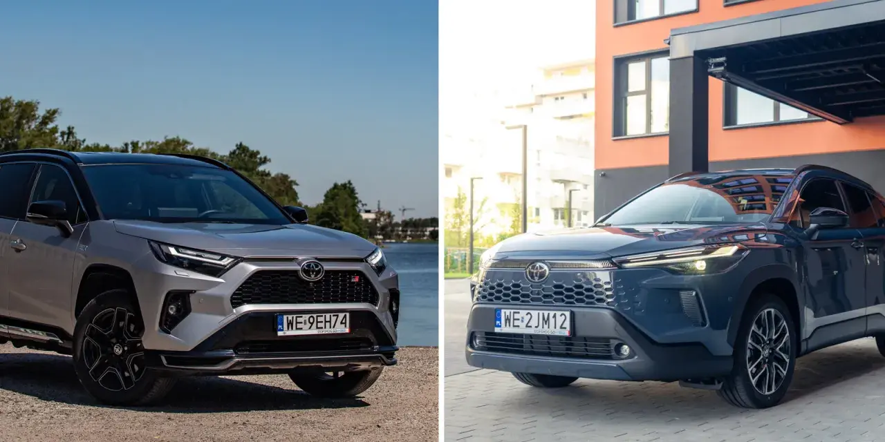 Dwa modele Toyota SUV: srebrny RAV4 GR Sport nad jeziorem i granatowy Corolla Cross przed nowoczesnym budynkiem.