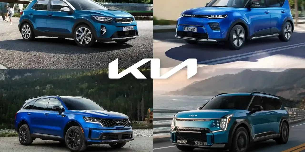 Cztery różne modele suv kia w odcieniach niebieskiego i turkusowego, prezentowane w różnych sceneriach.