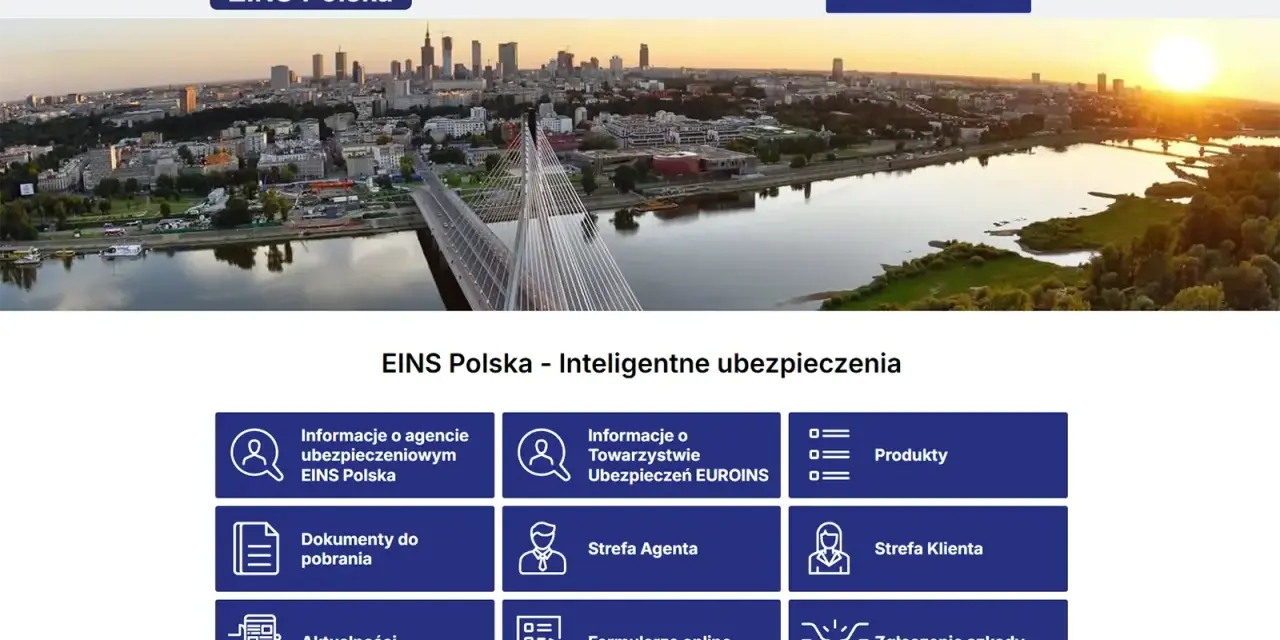 Strona EINS Polska z panoramą Warszawy. Sekcje: informacje o agencjach, produkty, dokumenty, strefa agenta, aktualności, strefa klienta, formularze, zgłoszenie szkody. Sprawdź euroins opinie.