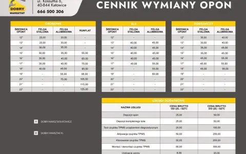 Cennik wymiany opon w Dobrym Warsztacie. Sprawdź, ile kosztuje wymiana opon w zależności od rozmiaru i typu felgi.