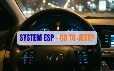 Kierownica samochodu nocą. Na desce rozdzielczej świeci kontrolka ESP, a na ekranie napis "SYSTEM ESP - CO TO JEST?".