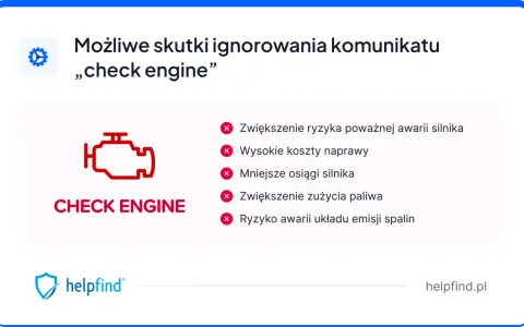 Ikona kontrolki silnika "check engine" i lista możliwych konsekwencji jej ignorowania: awaria, wysokie koszty, mniejsze osiągi, większe zużycie paliwa.