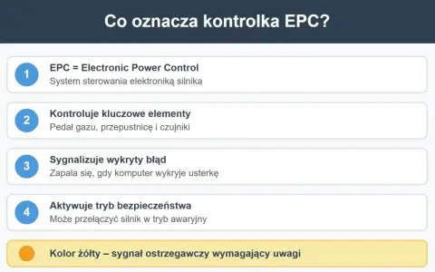 Kontrolka EPC oznacza Electronic Power Control. System ten kontroluje kluczowe elementy silnika i sygnalizuje wykryte błędy.