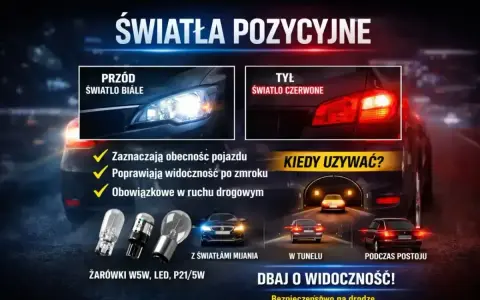 Światła pozycyjne i postojowe: białe z przodu, czerwone z tyłu. Zapewniają widoczność i bezpieczeństwo na drodze.