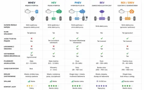 Porównanie rodzajów hybryd: MHEV, HEV, PHEV, BEV, REX/EREV. Tabela przedstawia kluczowe cechy napędów.