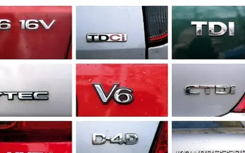 Różne oznaczenia silników samochodowych: 1.6 16V, TDCi, TDI, VTEC, V6, CTDi, D-4D. Niektóre z nich to oznaczenia silników diesel.