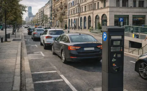 Parkomat przy ulicy, gdzie samochody czekają w kolejce. Opłata za parkowanie wynosi euro 5.