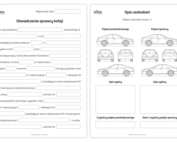 Oświadczenie sprawcy szkody: formularz do wypełnienia przez sprawcę kolizji, zawierający dane kierowcy, pojazdu i informacje o zdarzeniu.