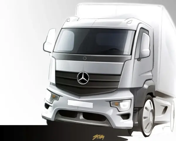 Szkic koncepcyjny ciężarówki Mercedes Antos z charakterystyczną atrapą chłodnicy i logo.