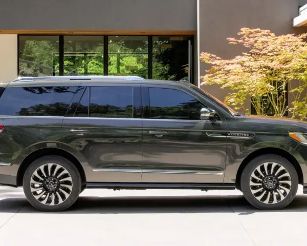 Ciemnoszary Lincoln Navigator SUV zaparkowany przed nowoczesnym domem z drzewem klonu japońskiego.