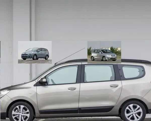 Kolekcja samochodów rodzinnych, w tym Dacia Lodgy, prezentowana na tle szarej ściany.