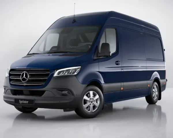 Ciemnoniebieski Mercedes Sprinter stoi na błyszczącej podłodze.