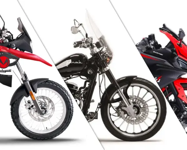 Trzy motocykle: czerwony turystyczny Malaguti, czarny chopper i sportowy czerwono-czarny Barton. Idealne na kategorię B prawa jazdy.