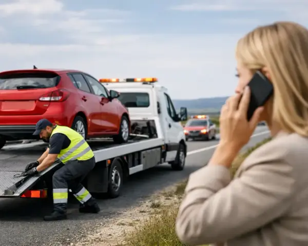 Pomoc drogowa na 1500 km. Kierowca zabezpiecza auto na lawecie, a kobieta wzywa pomoc przez telefon.