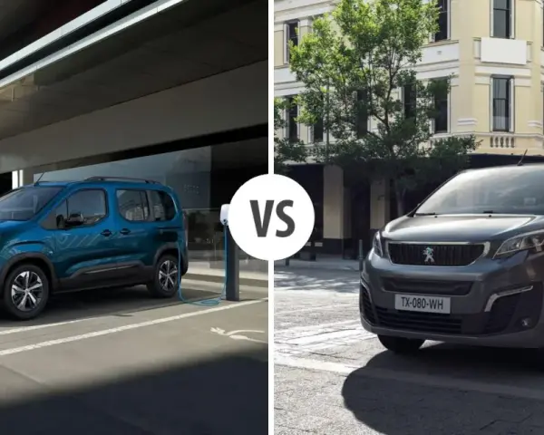 Dwa vany Peugeot: niebieski Rifter i szary Traveller, porównanie modeli.