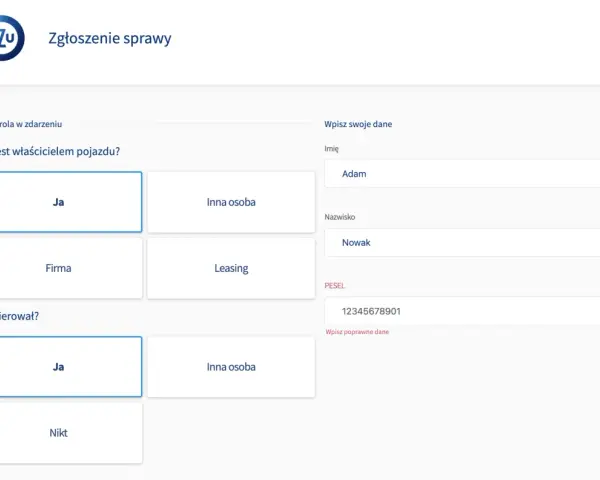 Formularz PZU zgłoszenie sprzedaży. Użytkownik Adam Nowak wypełnia dane dotyczące zdarzenia i właściciela pojazdu.