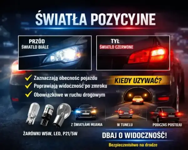 Światła pozycyjne i postojowe: białe z przodu, czerwone z tyłu. Zapewniają widoczność i bezpieczeństwo na drodze.
