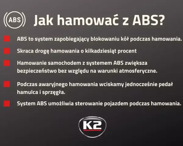 Jak hamować z ABS? System zapobiega blokowaniu kół, skraca drogę hamowania i zwiększa bezpieczeństwo. Z ABS-em zachowasz sterowność.