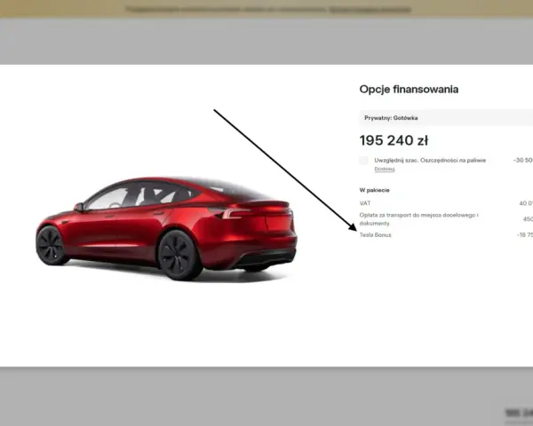 Czerwony Tesla Model 3, cena 195 240 zł. Opcje finansowania uwzględniają VAT, transport i Tesla Bonus.