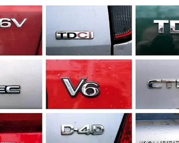 Różne oznaczenia silników samochodowych: 1.6 16V, TDCi, TDI, VTEC, V6, CTDi, D-4D. Niektóre z nich to oznaczenia silników diesel.