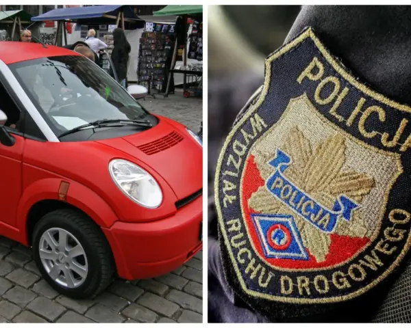 Czerwony pojazd, który może być prowadzony bez prawa jazdy, obok naszywki policji.