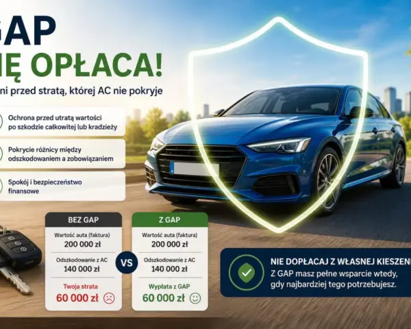 Ubezpieczenie GAP chroni przed utratą wartości auta po szkodzie całkowitej lub kradzieży, zapewniając spokój finansowy.