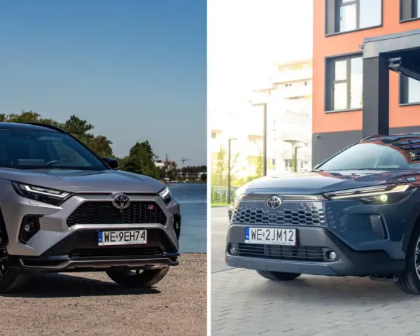 Dwa modele Toyota SUV: srebrny RAV4 GR Sport nad jeziorem i granatowy Corolla Cross przed nowoczesnym budynkiem.