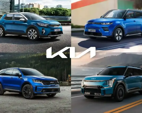 Cztery różne modele suv kia w odcieniach niebieskiego i turkusowego, prezentowane w różnych sceneriach.
