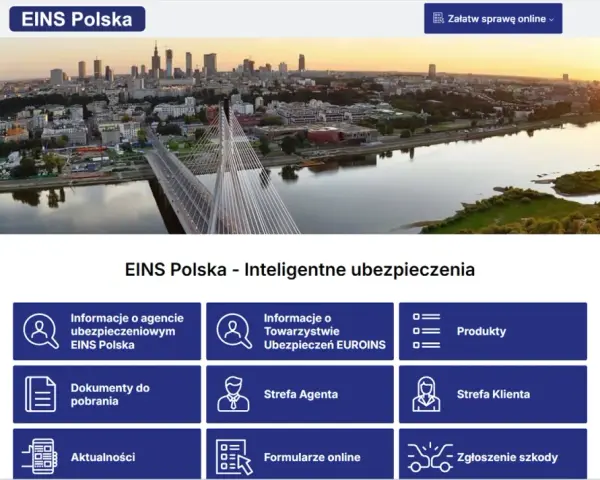 Strona EINS Polska z panoramą Warszawy. Sekcje: informacje o agencjach, produkty, dokumenty, strefa agenta, aktualności, strefa klienta, formularze, zgłoszenie szkody. Sprawdź euroins opinie.