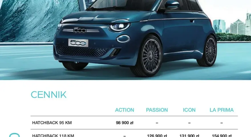 Niebieski Fiat 500 na tle miejskiego krajobrazu.